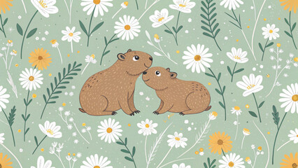 Obraz premium Capybara Daisy Seamless Pattern Background