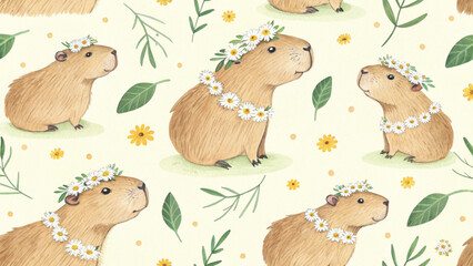 Capybara  Daisy  Seamless Pattern Background