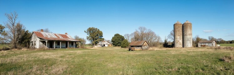 Panorama of old farm yard with abandoned wooden house, barn, silos. Rustic aged agricultural buildings exterior on grassland field under clear blue sky. Summer rural country landscape. Vintage