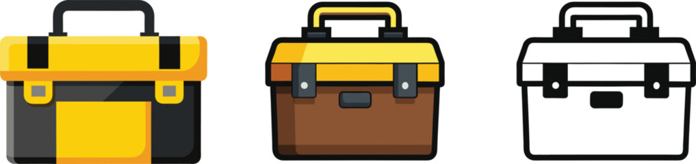 Three illustrations of a storage container in different colors and styles a yellow and black one a brown one and a black outline one