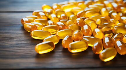 Close up of yellow vitamin d oil capsules showcasing their distinctive color and shape