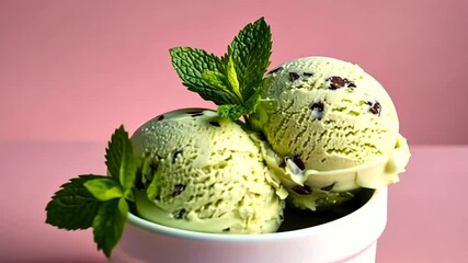 Creamy mint chocolate chip ice cream scoops in a white bowl with fresh mint leaves against a pink background - Powered by Adobe