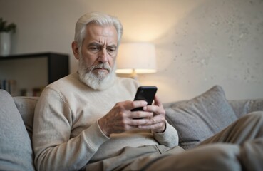 Fototapeta premium Concerned senior man looking at smartphone sitting on sofa in living room. Elderly man uses mobile phone app. Doubt, shock, realization. Modern tech, communication, senior lifestyle. Indoor, home.