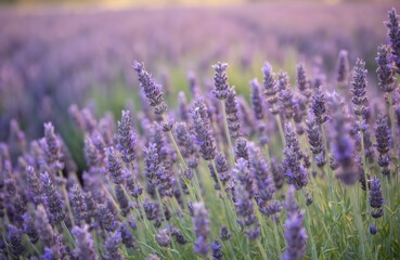 Naklejka premium Perennial lavender flowers with blurred garden background. Depth of field shot of lavandula plants. Beautiful violet purple blooming field. Floral calming aromatherapy summer meadow for honey bees.