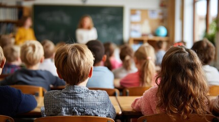 education, elementary school, learning and people concept - group of school kids sitting and listening to teacher in classroom from back, no logos, no brands