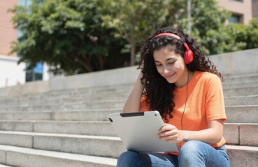 Smiling student with headphones using tablet PC on steps. Young happy woman listens music, learns online. Student sits at stairs in campus. Communication, connection, cyberspace, portability,