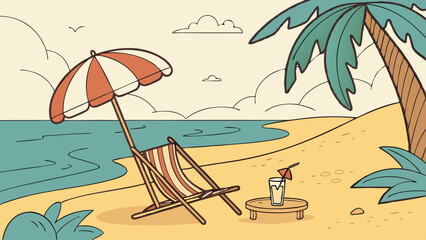Illustration of a beach scene with a chair, umbrella, palm tree and a drink on a small table near the sea