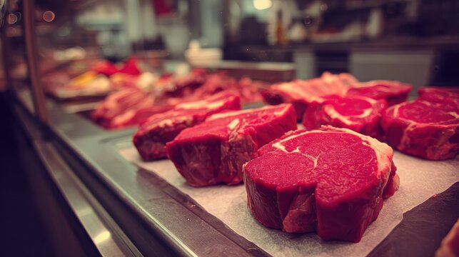 Fresh raw red meat at the butcher, no logos, no brands