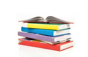Stack of colorful hardback books isolated on white background. Pile of different books. Reading, school, education, literacy, learning concept. College, academic life. Textbooks for studying. Back to