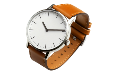 Floating simple designer wristwatch with bronze accents combining elegance and minimalism isolated on transparent background PNG
