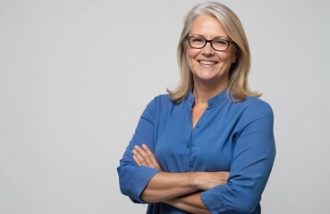 Confident mature woman in glasses with arms crossed isolated on grey background. Smiling, positive lady teacher, businesswoman in blue shirt. Success, leadership, mentoring concept. White teeth smile.