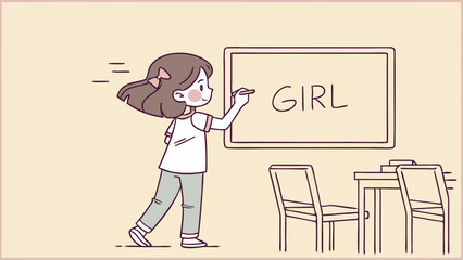 A girl is writing the word girl on a whiteboard in a classroom with chairs and a desk present too