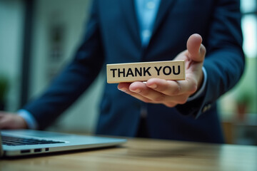 Businessman using a laptop show a text thank you from the laptop. Concept of thank you in business, Presentation in technology digital. Gift of grateful.