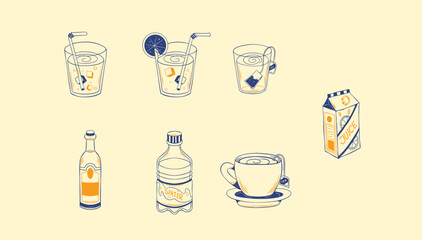 Refreshing Drink Assortment: Vector Icons for Coffee, Wine, Soda & More
