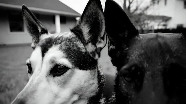 Monochrome close up of two dogs face to face, revealing intricate fur patterns and compelling contrast in soft focus in the outdoors.