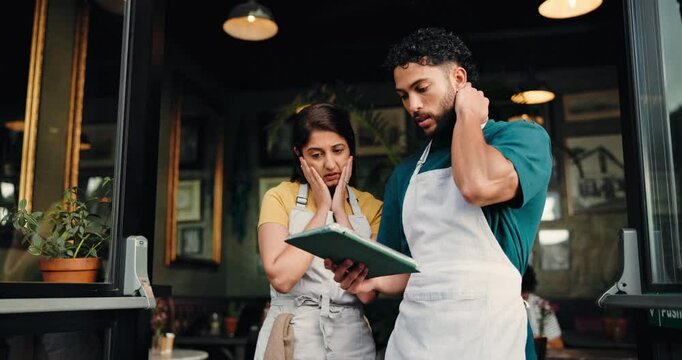 Cafe, employees and people with tablet, stress or reading negative review on social media or online. Unhappy, waiter and disappointed by criticism on website, worry and damage to brand of coffee shop