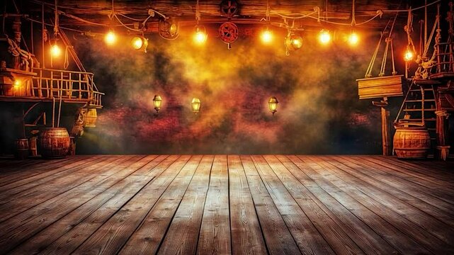 Wooden deck with pirate ship interior background
