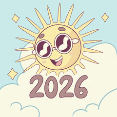 Smiling sun wearing sunglasses above clouds with year