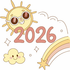 Cheerful sun with sunglasses and rainbow smiling cloud