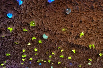Colorful lights on the ceiling of a building. Abstract background