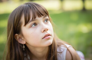 Close up portrait of pensive brunette girl. Young charming kid with brown hair, thoughtful facial expression looking up in park. Child thinks, reflects, imagining future and dreaming about something.