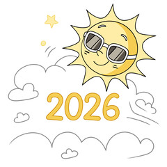 Smiling sun wearing sunglasses above year clouds