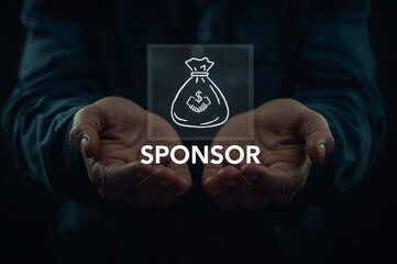 Sponsorship concept. Business between fund sponsors Resources or services. Businessman showing sponsor icon on virtual screen.