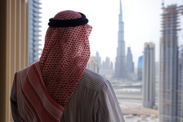 Man in traditional Middle Eastern attire gazes at a cityscape