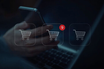 Business ecommerce concept, online purchase, ecommerce store, online business, shopping on the internet. Man use smartphone and laptop with online shopping cart icon on virtual screen.