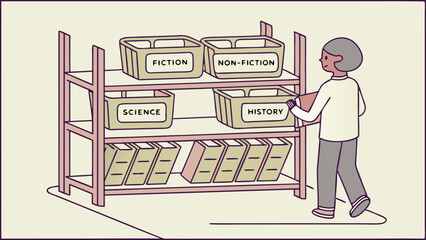 Person reaching for a book from a shelf with labeled bins of fiction non fiction science history