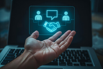 Negotiation concept. Businessman holding with handshake icon for negotiation, agreement, cooperation, business partnership.