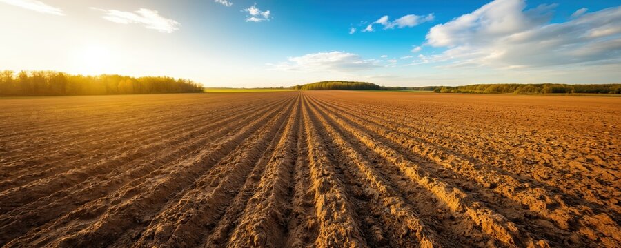 Panorama of brown ploughed field with furrows prepared for cultivation. Farm land tilled at sunset during spring. Rural landscape with copy space and blue sky. Soil prepared for harvest.