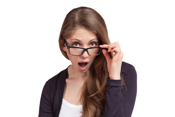 Girl in glasses with something very surprised.