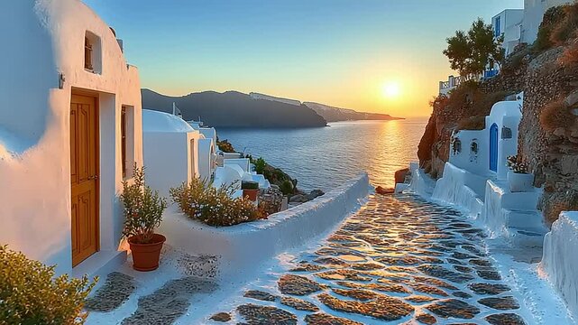 Coastal walkway at sunset with white buildings