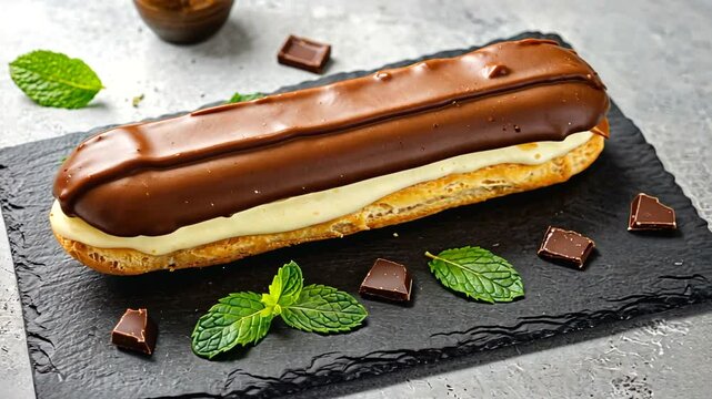 Delicious chocolate eclair on a slate plate garnished with mint leaves and chocolate pieces