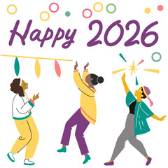 Festive new year celebration with dancing people and colorful decorations