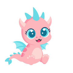 Cute Baby Pink Dragon Vector Cartoon. Adorable Little Fantasy Monster Character