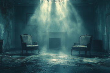 Living room in a dilapidated old house, with sunlight streaming through a broken ceiling, and two chairs placed inside.