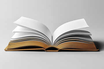 Fototapeta premium An open book with blank pages against a white background.