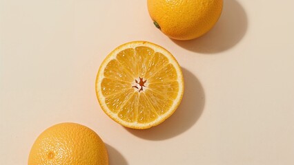 Freshly cut oranges arranged on a light beige surface.