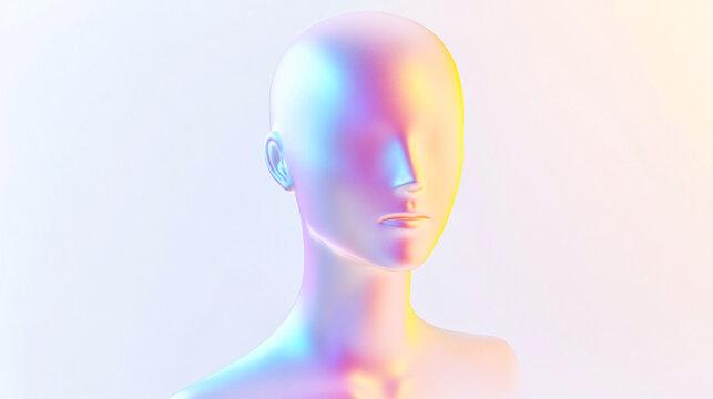 Holographic figure presents artificial beauty and futuristic technology with vibrant iridescence against a soft background.