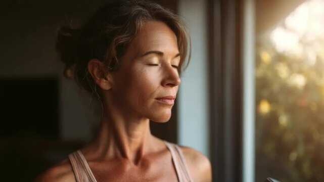 Serene Solitude: A woman finds tranquility in a sun-drenched moment, embracing stillness and inner peace with closed eyes and a soft expression.