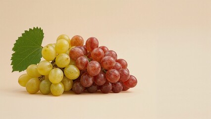 A bunch of red and green grapes with a leaf.