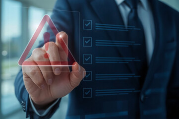 Businessman checking the steps through document with a list of checkboxes ,regulation ,Concepts of practices and policies , procedure company articles of association Terms and Conditions. 