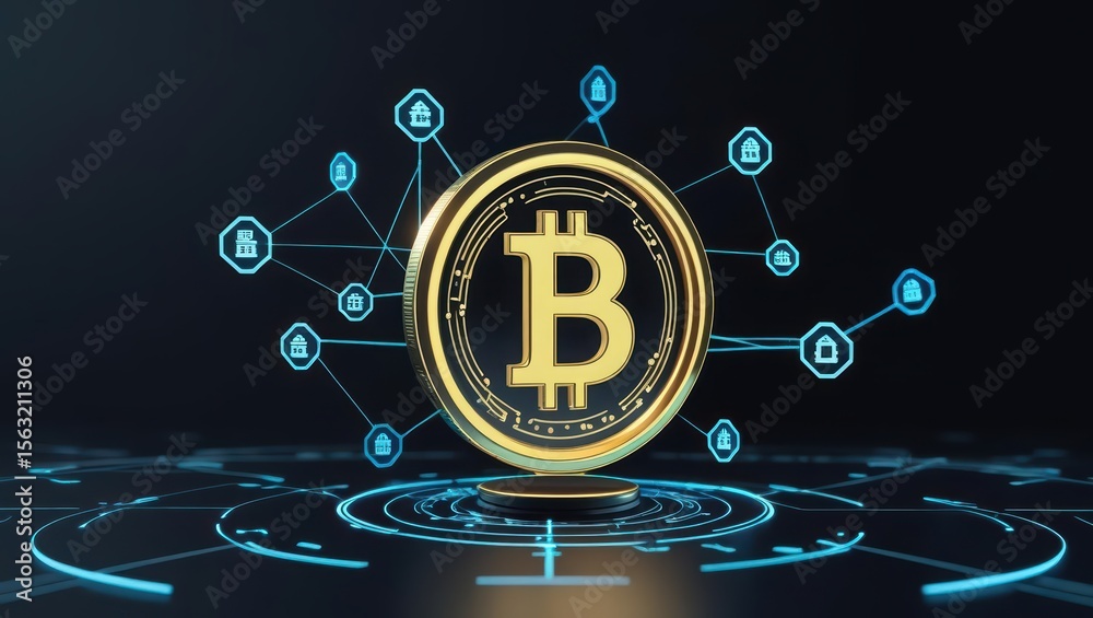 Poster digital bitcoin currency coin with blockchain connections representing cryptocurrency technology and