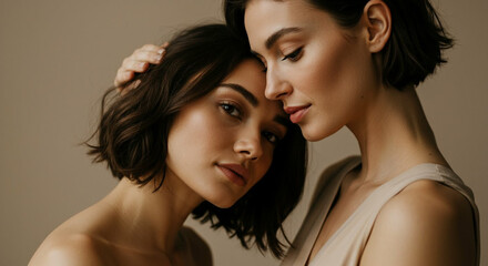 Two women share a close, intimate moment in a soft, neutral-colored setting during a calm afternoon