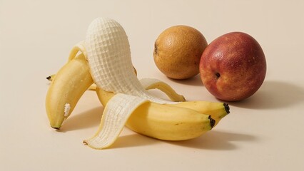 Peeling bananas and fruit arrangement on a neutral background.