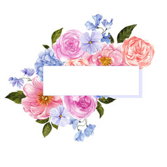 Hand draw watercolor frame with meadow flowers, romantic floral, colorful elegante botanical illustration, isolated on white background