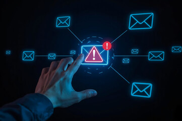 Spam email alert danger concept. Businessman typing on laptop receives scam notification, illustrating cybersecurity risk and data breach threat in modern digital workspace.