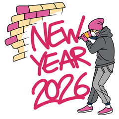 Person spraying new year message on brick wall graffiti